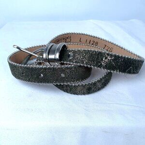 Vintage BB Simon Women Silver Green Leather Belt Beaded Edging Sz 37 Rare 80's